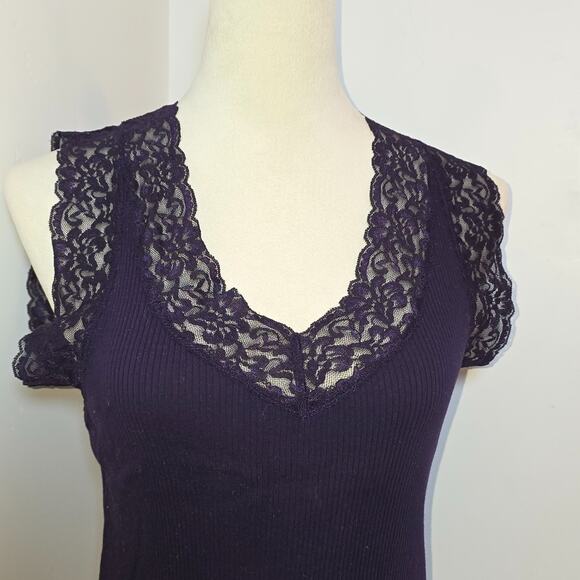 Lauren Ralph Lauren Purple Cotton Lace Trim Tank Top Size M Cami Fairy Coquette - Picture 2 of 6